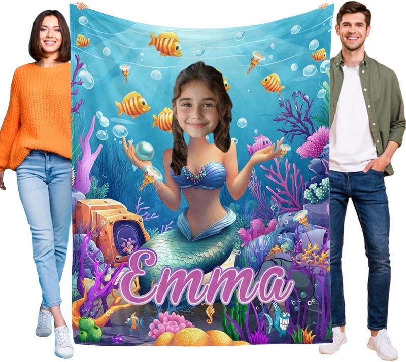Artsadd Mermaid Gifts for Girls Women, Personalized Mermaid Blanket with Photo and Name for Kids Adults, Custom Photo Blankets for Baby Infant Newborn Toddlers Christmas Birthday Shower Gifts - Image 2